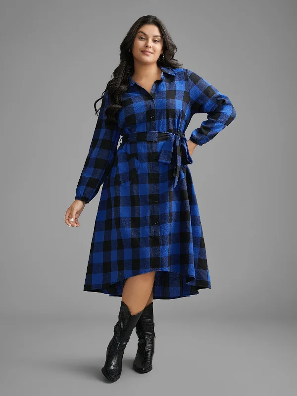 Plus size dresses with playful details add charm -Plaid Patch Pocket Belted Midi Dress