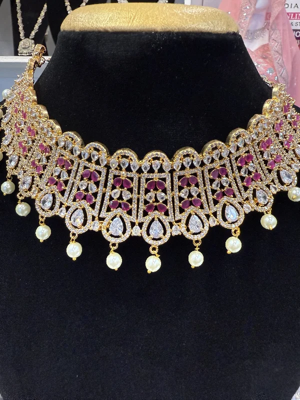 Best necklaces and pendants with black diamonds for an edgy, bold statement-Attractive American Diamond Hot Pink And White Stoned Necklace With Earrings