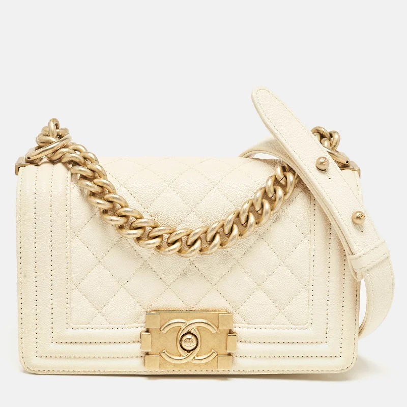 Handle bags with rustic leather for charm -Handle bags with braided straps for a unique touch -Chanel Cream Quilted Caviar Leather Small Boy Flap Bag