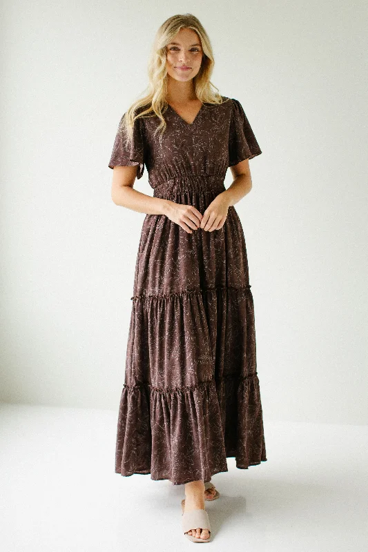 Plus size dresses with vibrant shades feel fun -'Elizabeth' Floral Print Tiered Maxi Dress in Dusty Brown