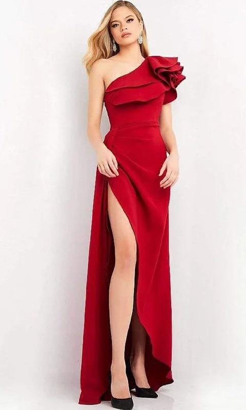 Plus size dresses with sturdy zippers stay secure -Jovani - 04352 Asymmetric Ruffled Slit A-line Dress