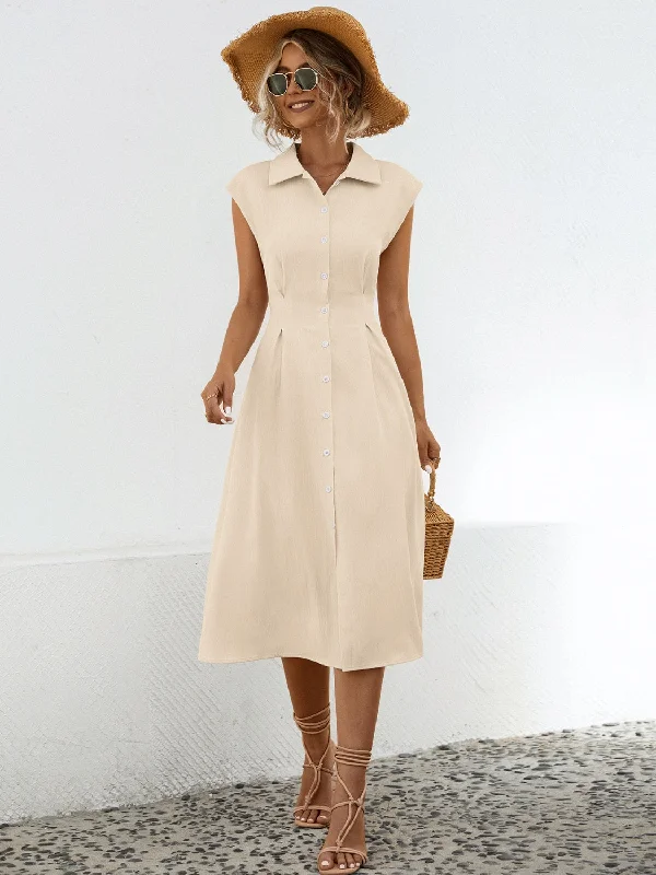 Flattering plus size dresses for curvy figures look stunning -Button Up Cap Sleeve Midi Dress