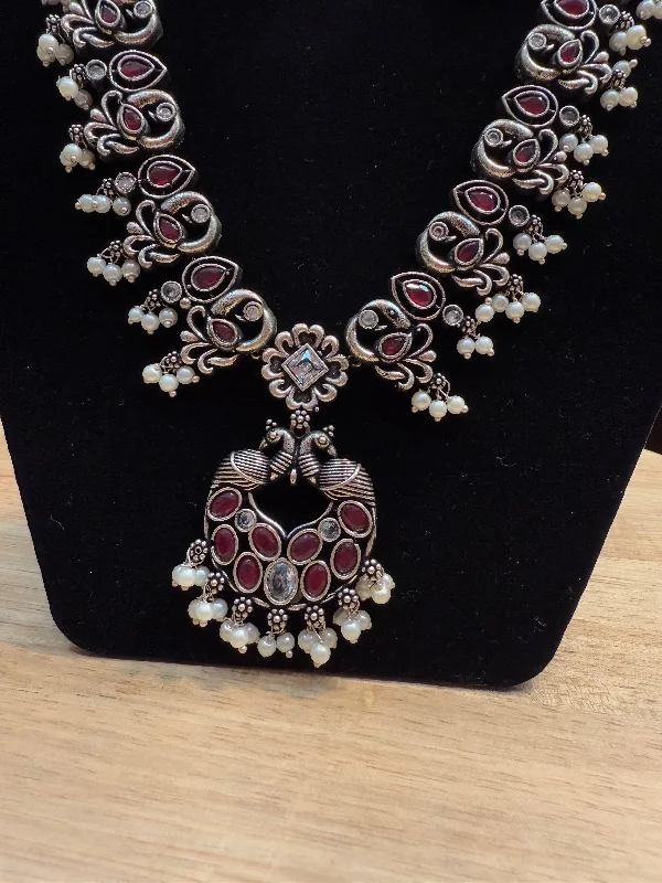 Best necklaces and pendants with statement designs for a fashionable accessory-Mesmerizing Maroon Color Peacock Design Oxidized Jewelry Necklace With Earrings