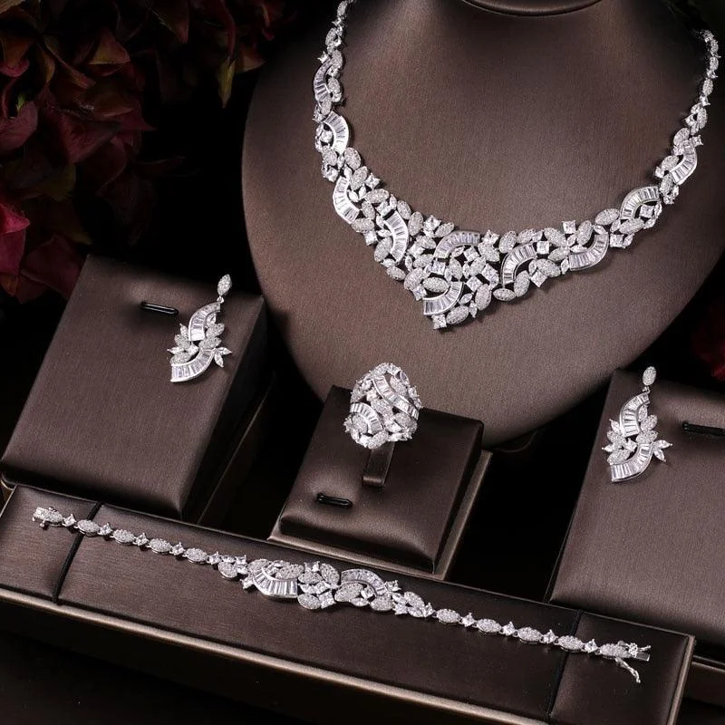 Best necklaces and pendants with butterfly pendants for a delicate, light style-Elegant Bridal CZ Necklace Earrings Bracelet Ring Wedding Jewelry Set