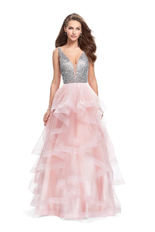 Plus size dresses with playful details add charm -La Femme - 26223 Metallic Beaded Plunging Bodice Tulle Ballgown