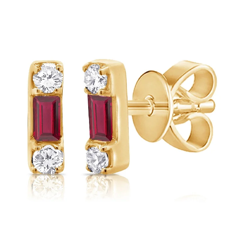 Stud Earrings with Crystals -Joelle Collection Diamond & Red Ruby Baguette Tiny Stud Earrings 14K Gold