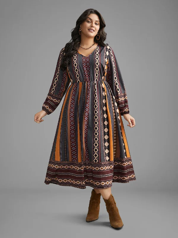 Plus size dresses with stretchy knits hug curves -Bandana Striped Lantern Sleeve Midi Dress