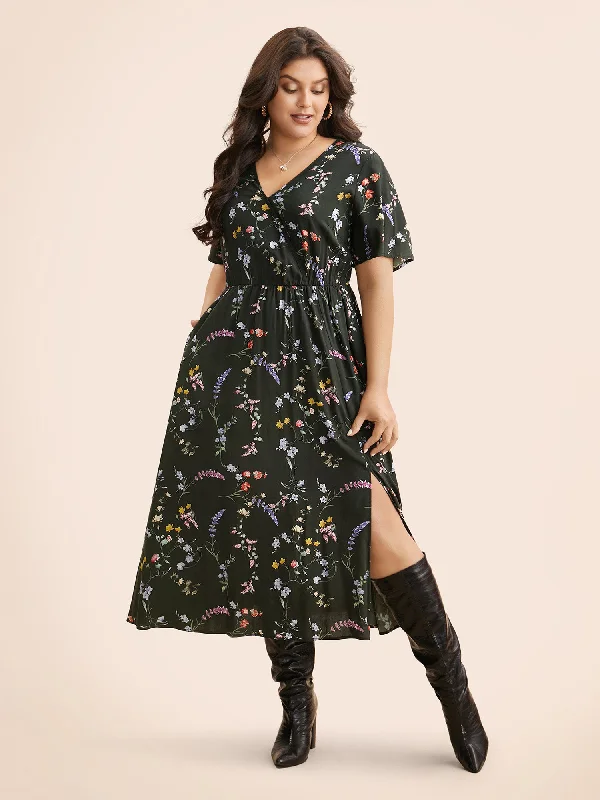 Plus size dresses featuring laser-cut details are unique -Floral Wrap Ruffle Sleeve Dress