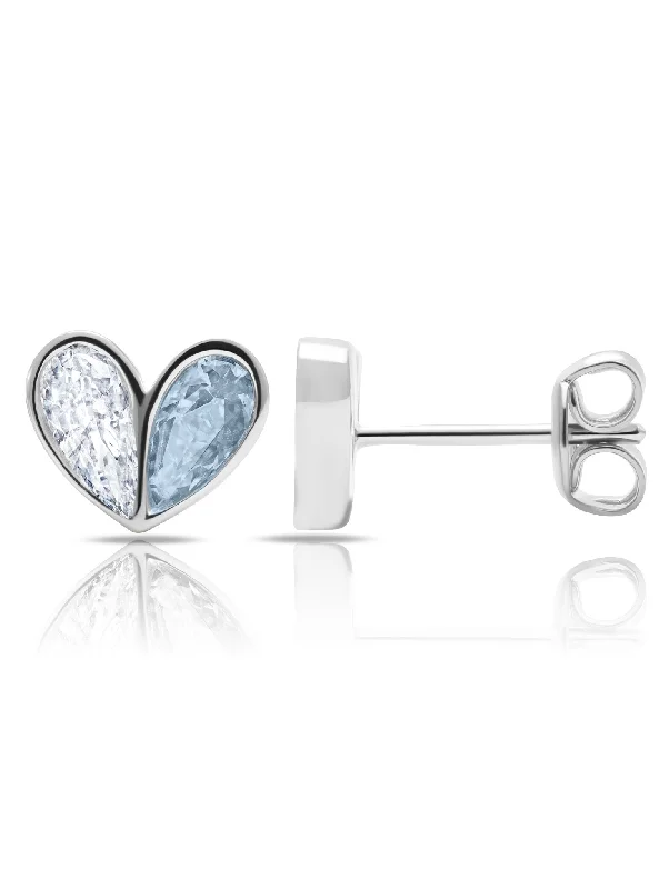 Stud Earrings with Crystals -Platinum Heart Stud Earrings w/ Aqua Pear Cut Stone