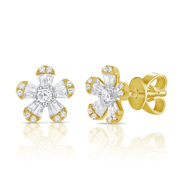 Stud Earrings with Wave Designs -Joelle Collection Flower Stud Earrings Diamond Baguette 1ct TDW 14K Gold