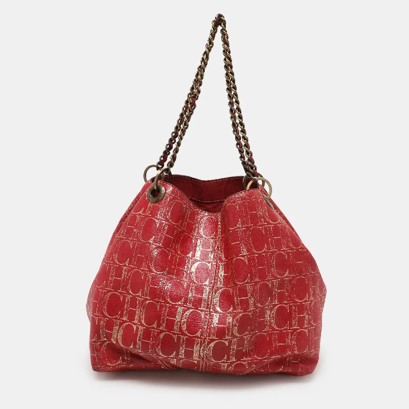 Handle bags with lightweight fabric for ease -Handle bags with structured shapes for a chic style -Ch Carolina Herrera Red Metallic Monogram Leather Chain Tote