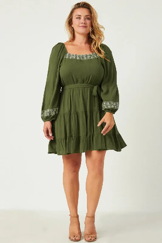 Plus size dresses featuring animal prints feel wild -Embroidered Square Neck Long Sleeve Belted Dress