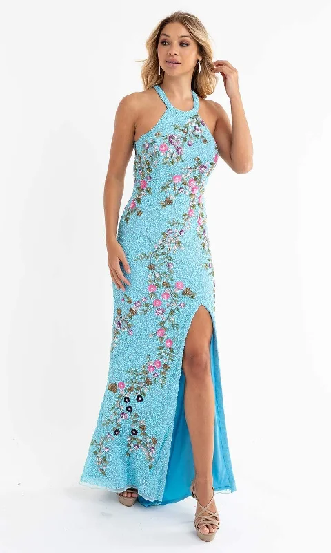 Plus size dresses for stylish looks stay cool -Primavera Couture - 3726 Halter Neckline Floral Sequin Gown