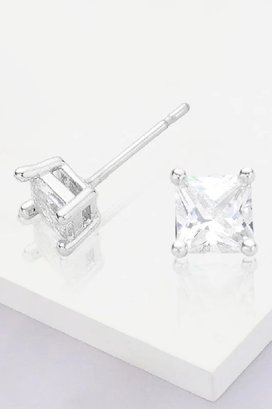 Stud Earrings for Bridesmaids Look -Silver Dipped 4mm Square CZ Stone Stud Earrings