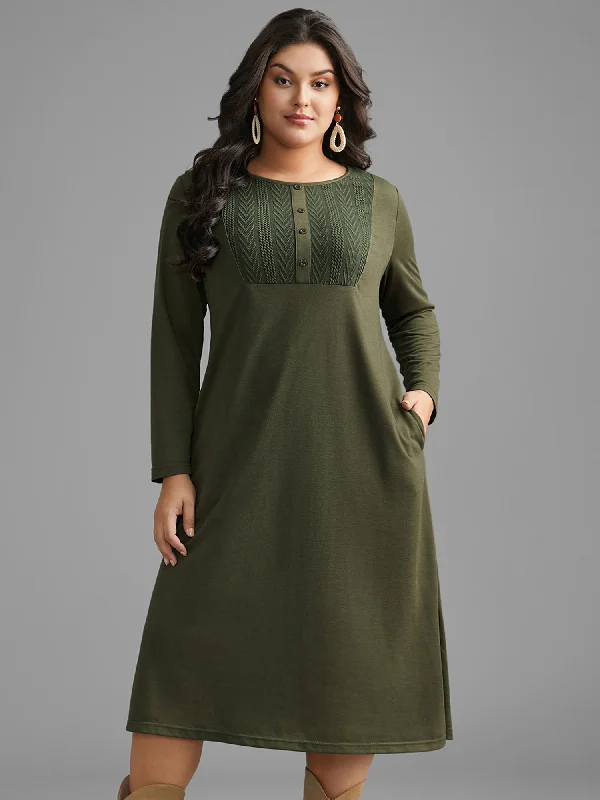 Plus size dresses for every mood adapt well -Textured Patchwork Button Detail Midi Dress