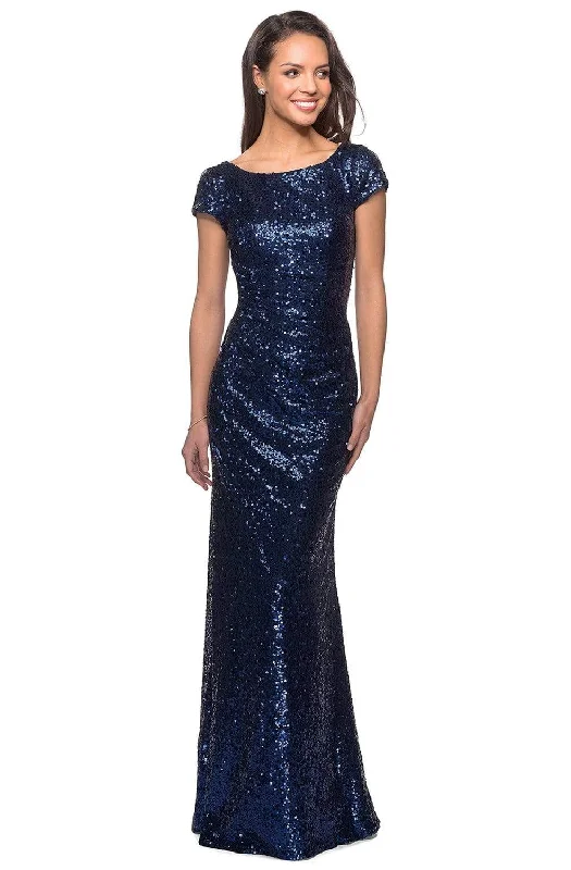 Plus size dresses with lightweight knits feel breezy -La Femme - 27079 Sequined Bateau Sheath Dress