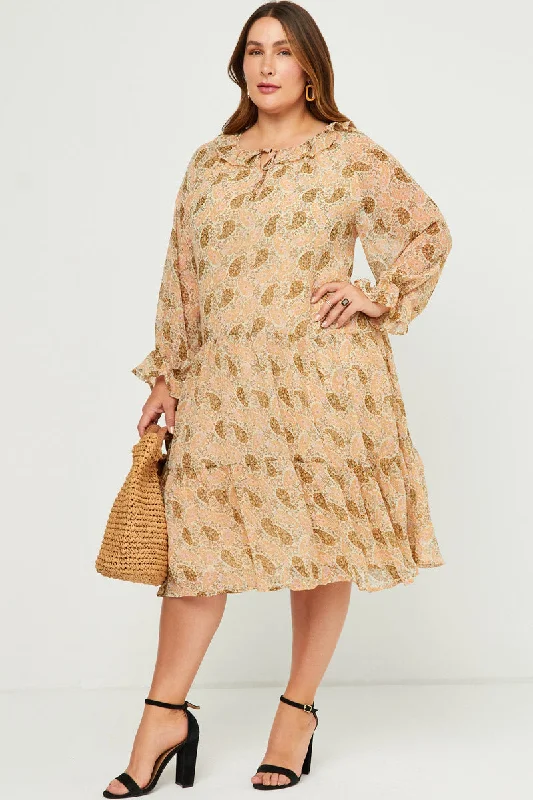 Plus size dresses with breathable fabrics stay cool -Ruffled Neck Paisley Print Long Sleeve Dress