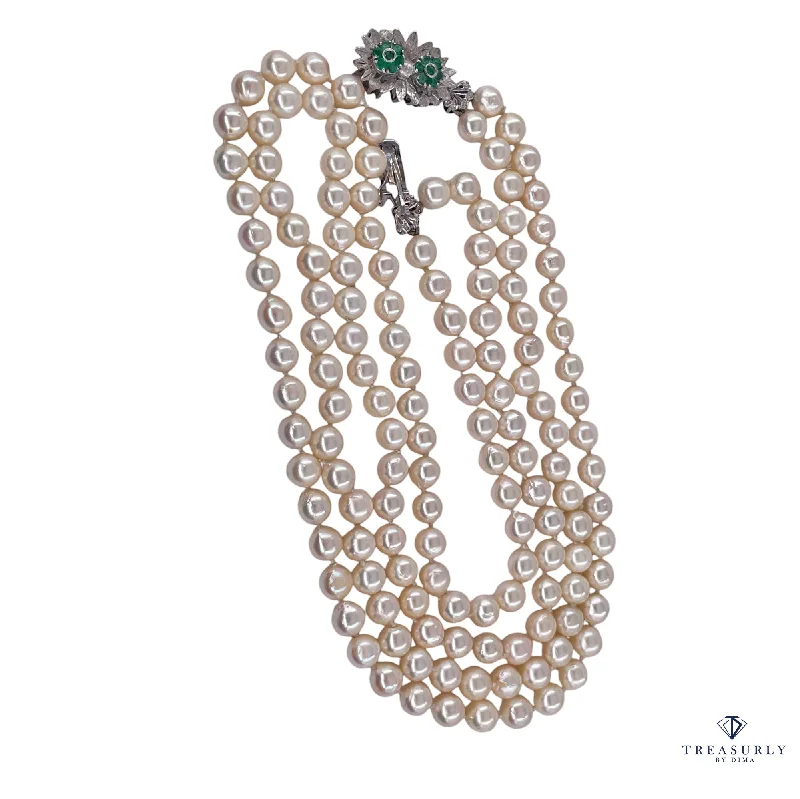 Unique necklaces and pendants with gemstones for a colorful and vibrant statement-Vintage Double Strand 26" Cultured Japanese Pearl Emerald Clasp 18K WG Necklace