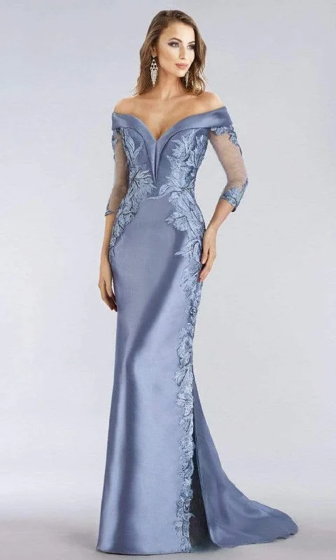 Plus size dresses featuring glitter accents sparkle bold -Feriani Couture - 18971 Embroidered Off-Shoulder Trumpet Dress