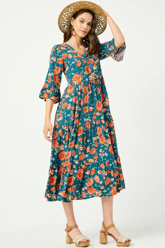 Plus size dresses featuring animal prints feel wild -Romantic Floral Ruffle Sleeve Surplice Midi Dress