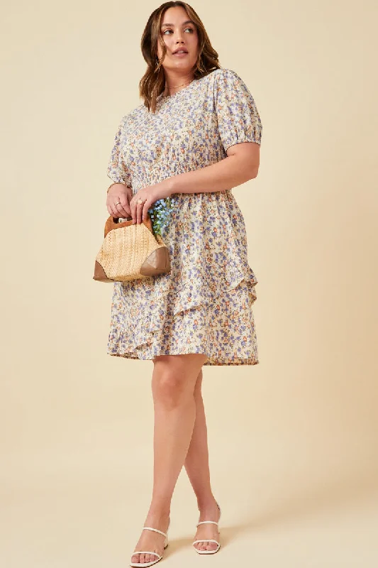 Plus size dresses for chic evenings glow quietly -Floral Smocked Neck Asymmetric Ruffle Dress