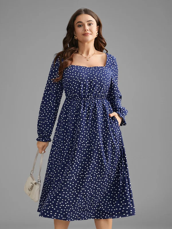 Plus size dresses with sturdy seams last long -Polka Dot Heart Neckline Midi Dress