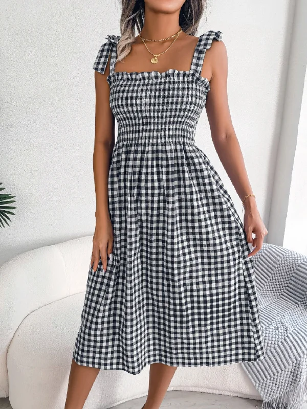 Plus size dresses for work stay professional always -Frill Plaid Square Neck Midi Dress