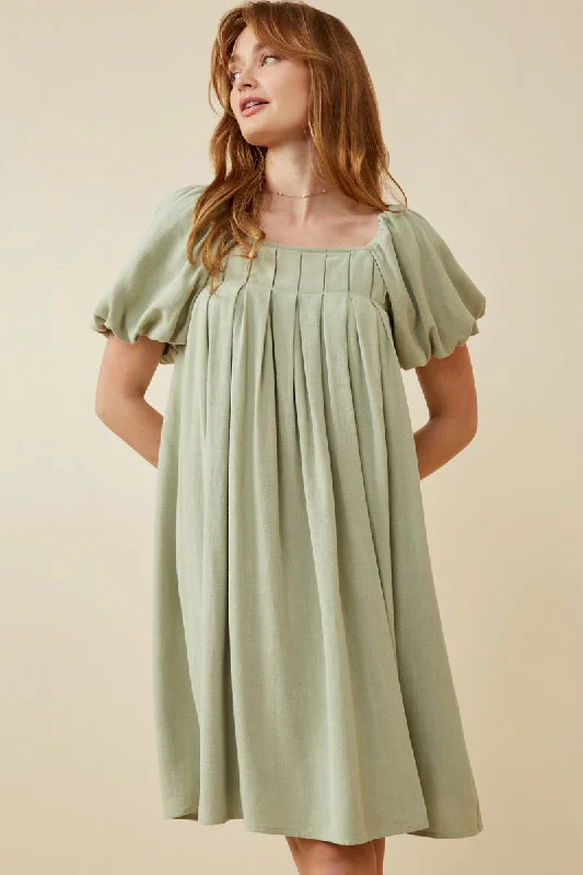 Plus size dresses for outdoor events stay comfy -Womens Puff Sleeve Box Pleat Detail Square Neck Dress