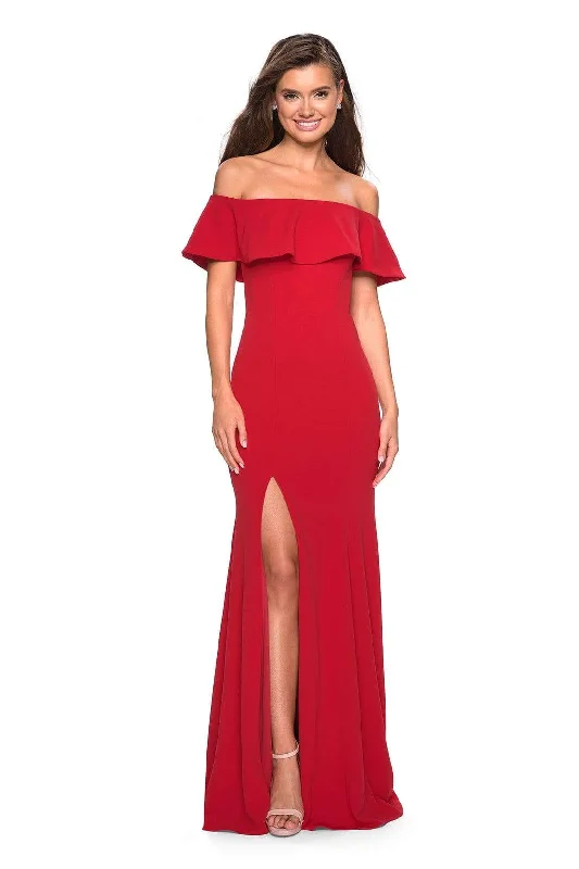 Plus size dresses for bold outfits match well -La Femme - 27096 Ruffled Off-Shoulder Jersey Trumpet Dress