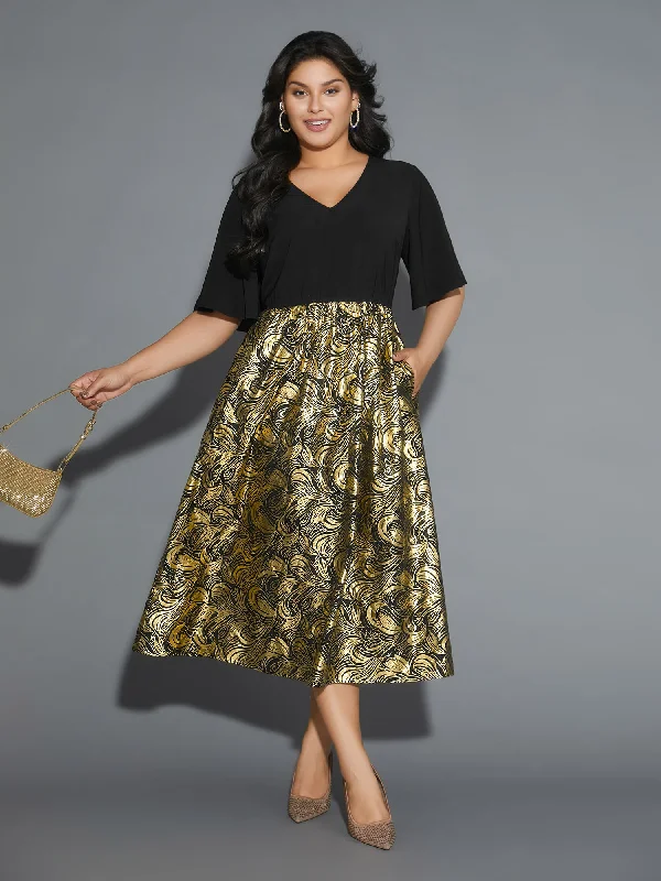 Plus size dresses for formal events look elegant -V Neck Glitter Flounce Sleeve Dress