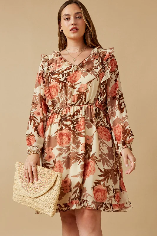 Plus size dresses featuring quilted textures add depth -Romantic Floral Ruffle Detailed Long Sleeve Dress