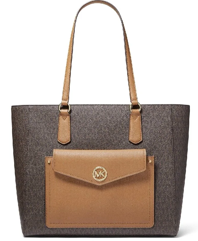 Handle bags with polka dots for fun -Luxury handle bags with embossed logos -Michael Kors Women's Joey MK Signature TZ Snap Pocket Tote