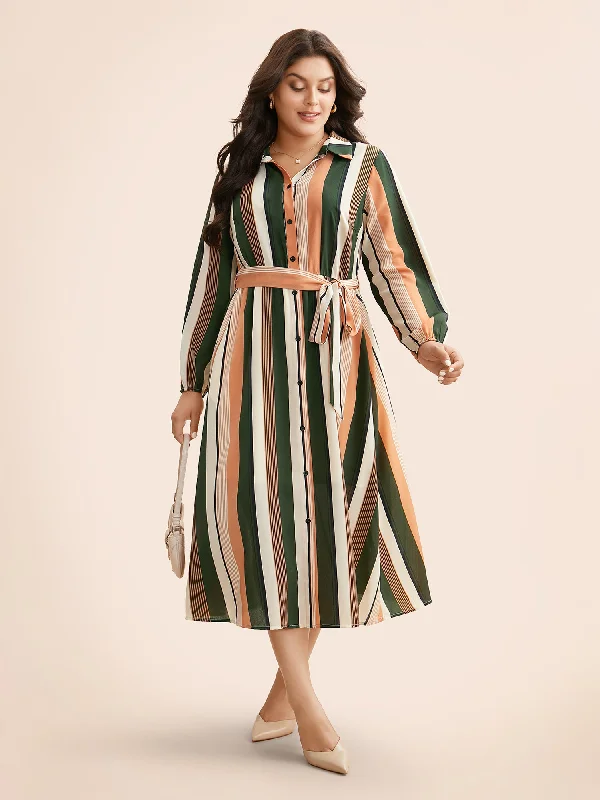 Comfortable plus size dresses for daily wear feel great -Contrast Striped Belted Midi Dress