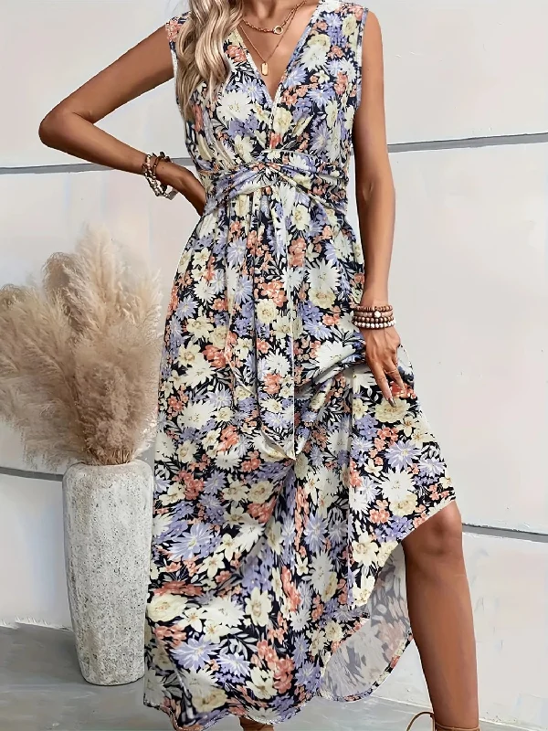 Plus size dresses with flexible fits adapt easily -Floral Sleeveless Midi Dress