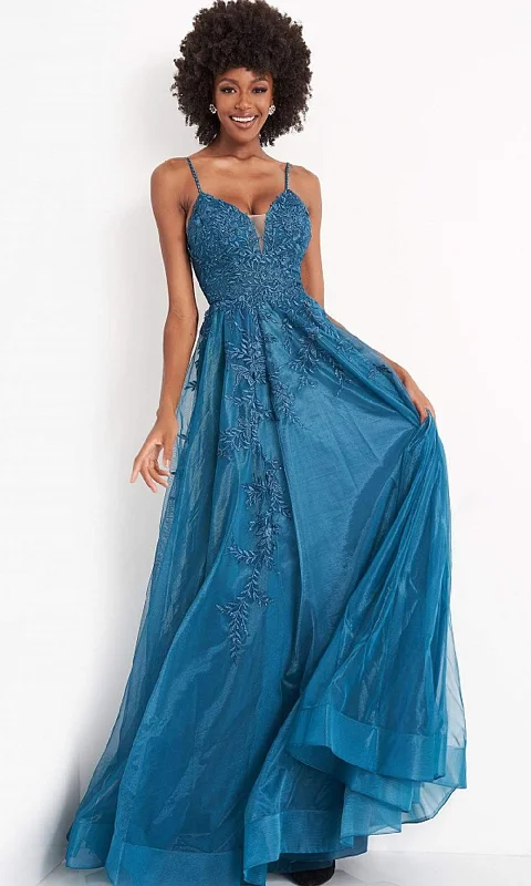 Plus size dresses featuring beaded hems are ornate -JVN by Jovani - JVN02266 Embroidered Deep V-Neck Junior Prom A-line Gown