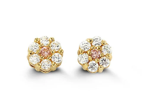 Lightweight Stud Earrings for All Day -14K Yellow Gold White & Pink Cubic Zirconia Cluster Kid's Stud Earrings