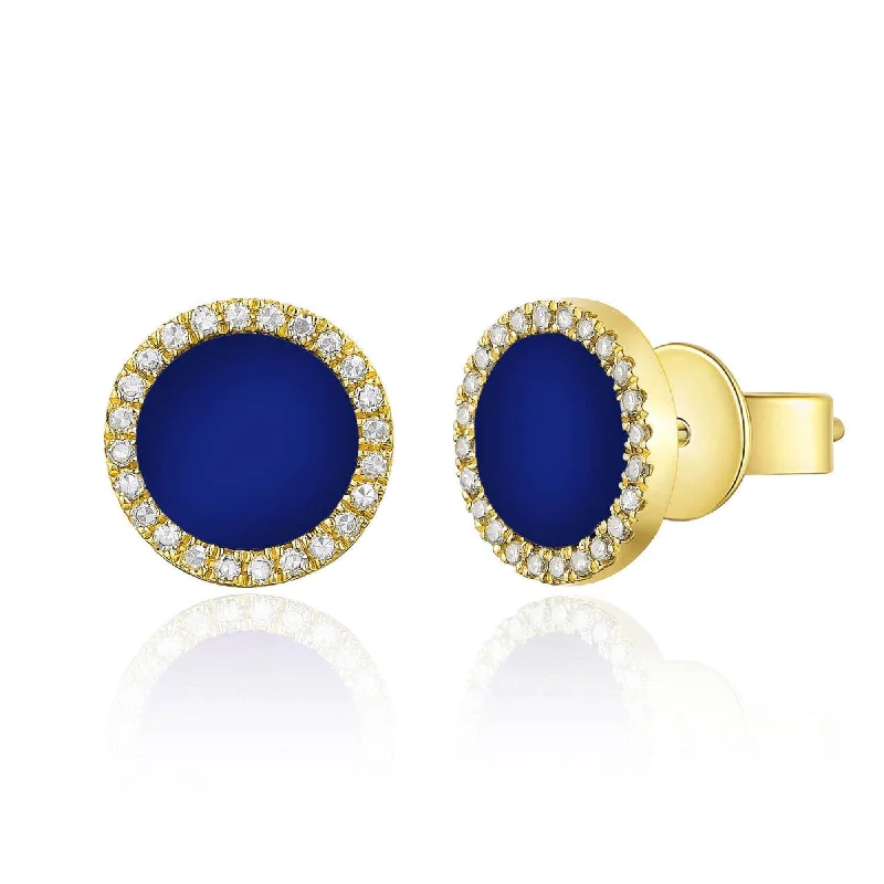 Stud Earrings with Knot Designs -Joelle Collection Lapis and Diamond Pave Disc Circle Stud Earrings 14K Gold