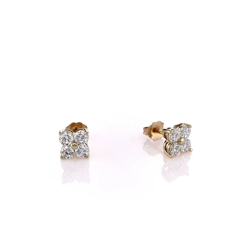 Stud Earrings with Pearls and Diamonds -14k Yellow Gold Four Cluster Diamond Stud Earrings