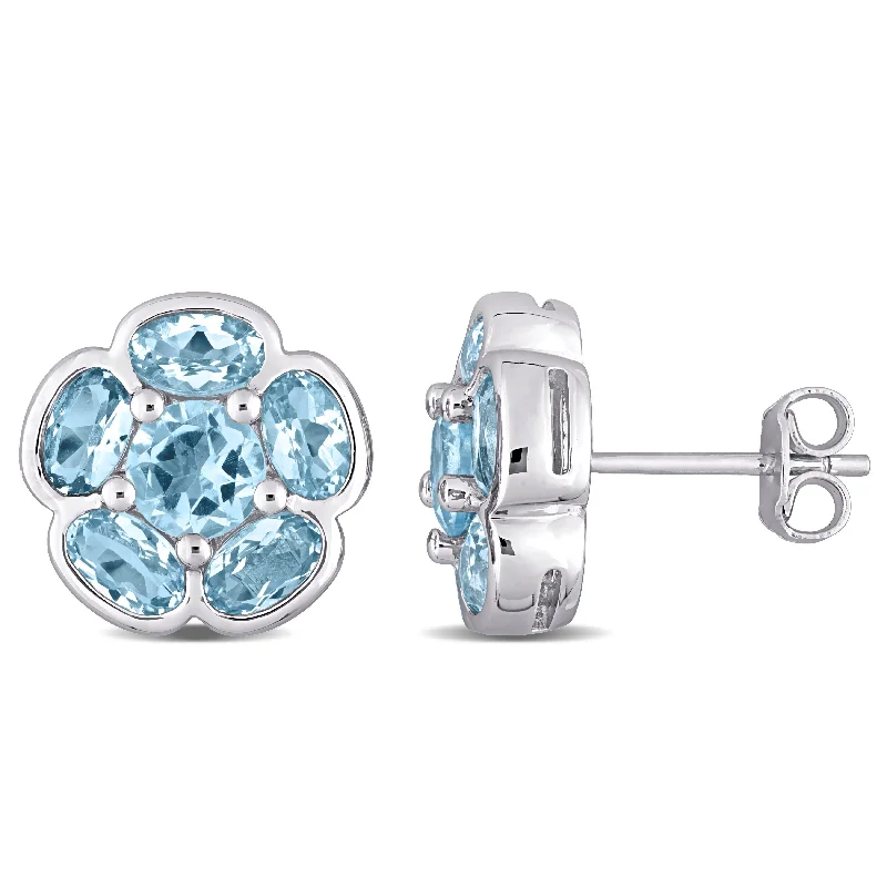 Lead Free Stud Earrings for Health -Miadora Sterling Silver Sky Blue Topaz Halo Flower Stud Earrings