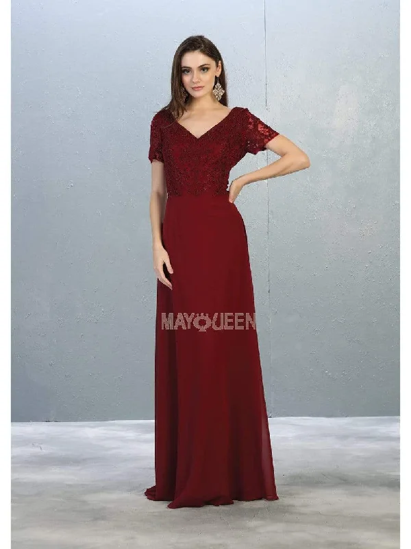 Plus size dresses featuring glitter accents sparkle bold -May Queen - MQ1782 Short Sleeve Appliqued V-Neck Long Dress