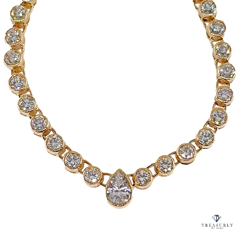 Best necklaces and pendants with matching earrings for a coordinated, elegant look-Italian Vintage 9.12ct Pear Shaped & Round Diamond Bezel Line Tennis Rivera 18K Gold Necklace