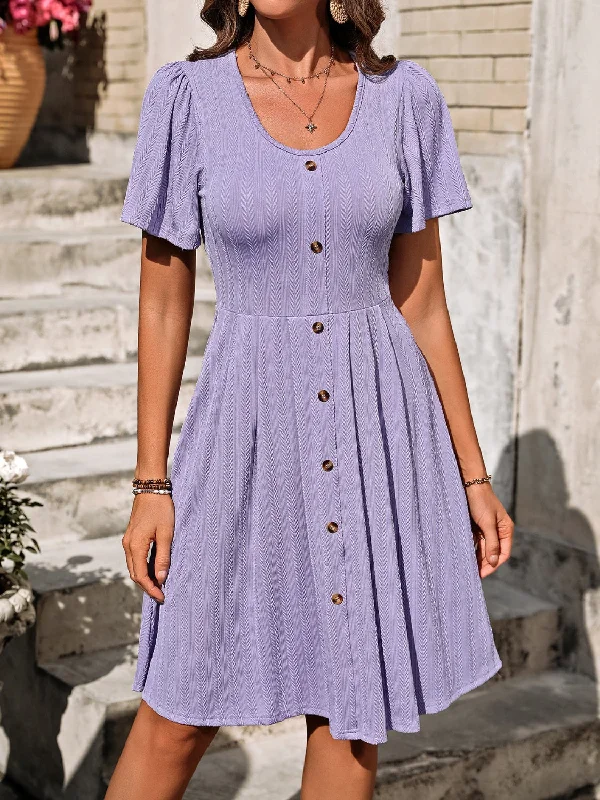 Plus size dresses with supportive fits lift spirits -Decorative Button Scoop Neck Short Sleeve Dress