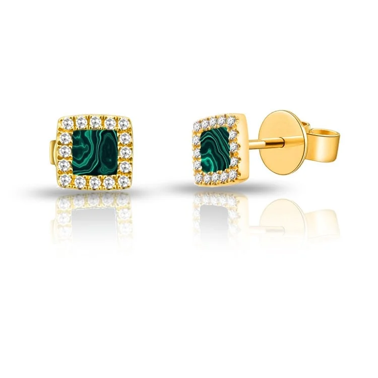 Minimalist Stud Earrings with Simplicity -Joelle Collection Square Shaped Stud Earrings Malachite & Diamonds 14K Gold