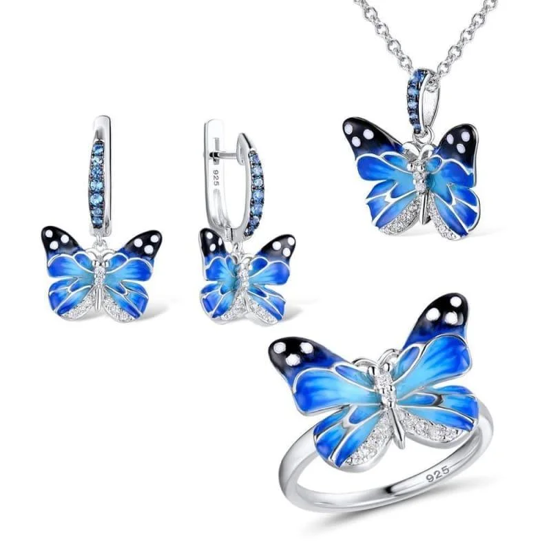 Necklaces and pendants with zodiac constellation designs for an astrological touch-HANDMADE Enamel CZ Stones Butterflies Ring Earrings Pendent Necklace 925 Sterling Silver Women Jewelry Set