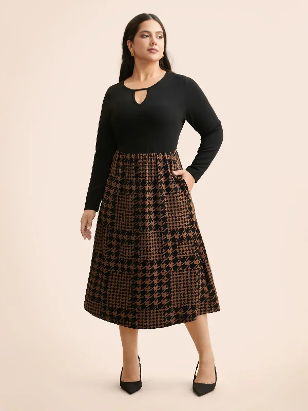 Plus size dresses featuring laser-cut details are unique -Houndstooth Patchwork Cut Out Midi Dress