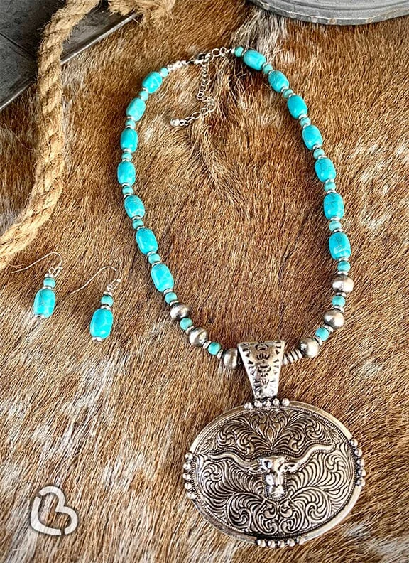 Beautiful necklaces and pendants with butterfly motifs for a whimsical style-The Oakley Steer Turquoise Stone Necklace and Earring Set