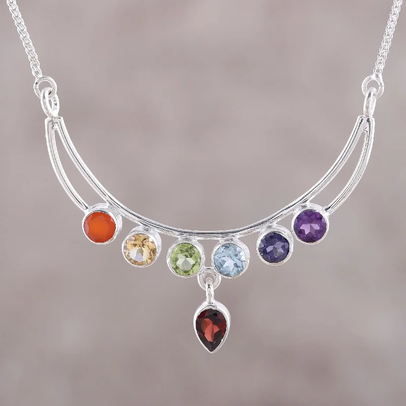 Necklaces and pendants with custom designs for a completely unique jewelry piece-Peaceful Crescent Handmade Sterling Silver and Multi-Gemstone Chakra Necklace