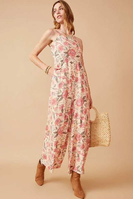 Plus size dresses for stylish looks stay cool -Romantic Floral Smocked Wide leg Jumpsuit