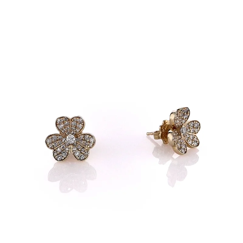 Stud Earrings with Crystals -14k Yellow Gold Floral Clover Pave Stud Earrings