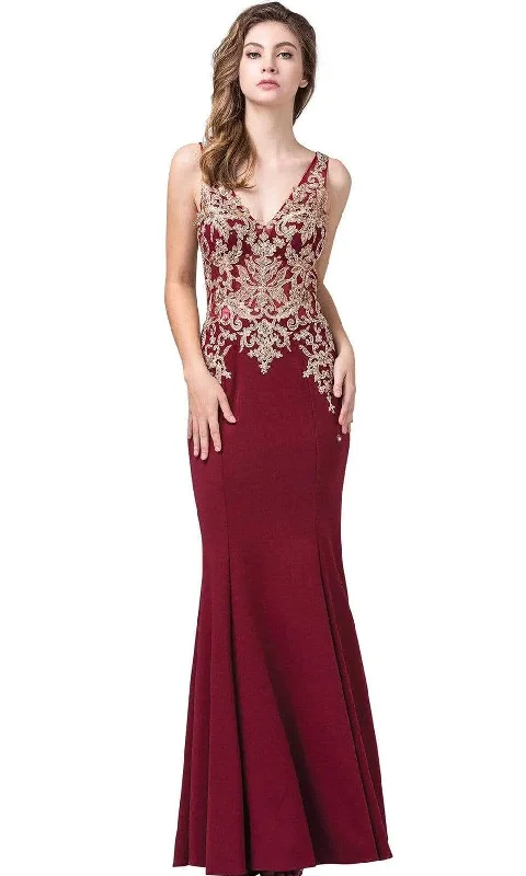 Plus size dresses featuring sequins sparkle subtly -Dancing Queen - 2496 Sleeveless Embroidered V-neck Trumpet Dress